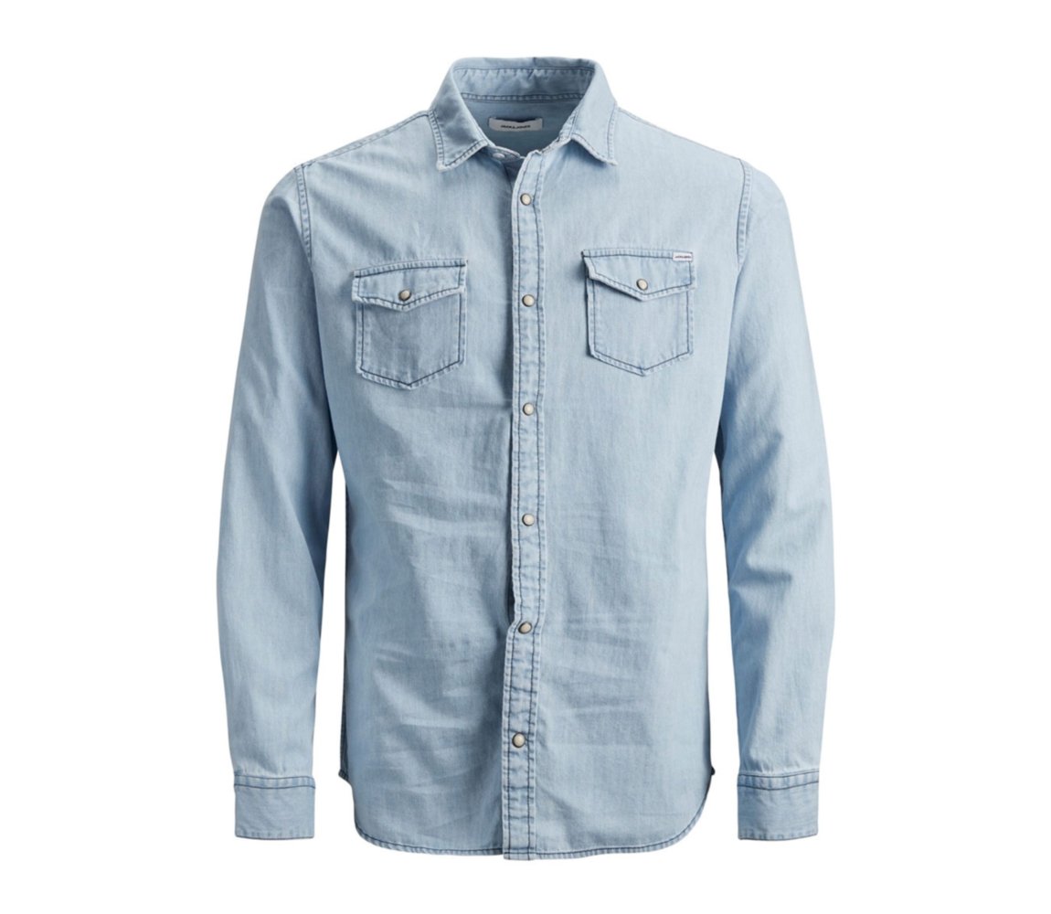 【2plan】Andy non-fade denim half shirt Sunny Crochet Denim Shirt in Medium Wash Blue Denim for